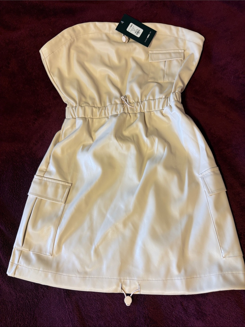 Women’s Cream Strapless Faux-Leather Dress with Cargo Pockets